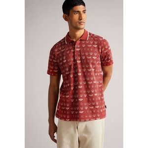 Ted Baker Polo Shirt Mens 5 Red Floral Print Short Sleeve Cotton Top